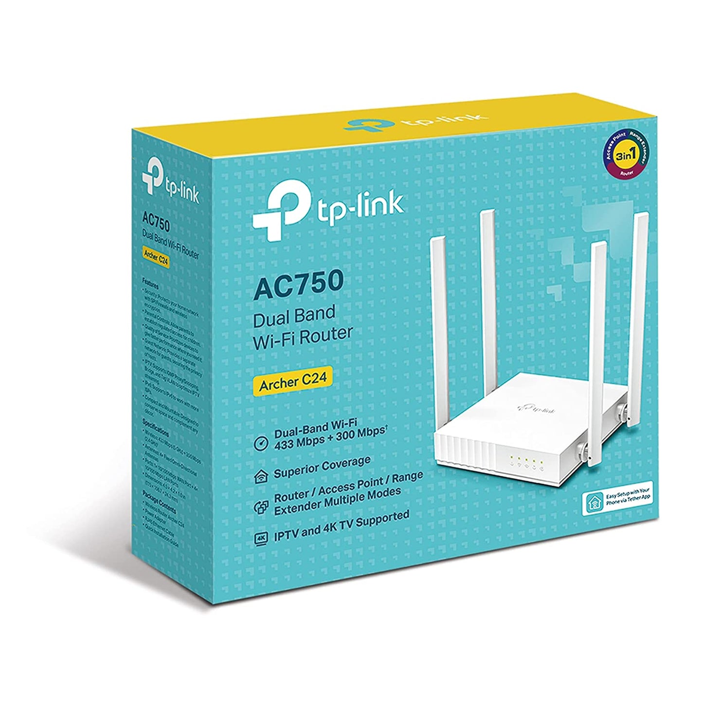TP-Link Archer C24 AC750 Mbps Dual-Band WiFi Wireless Router 4 Antennas Smooth HD Streaming (White)