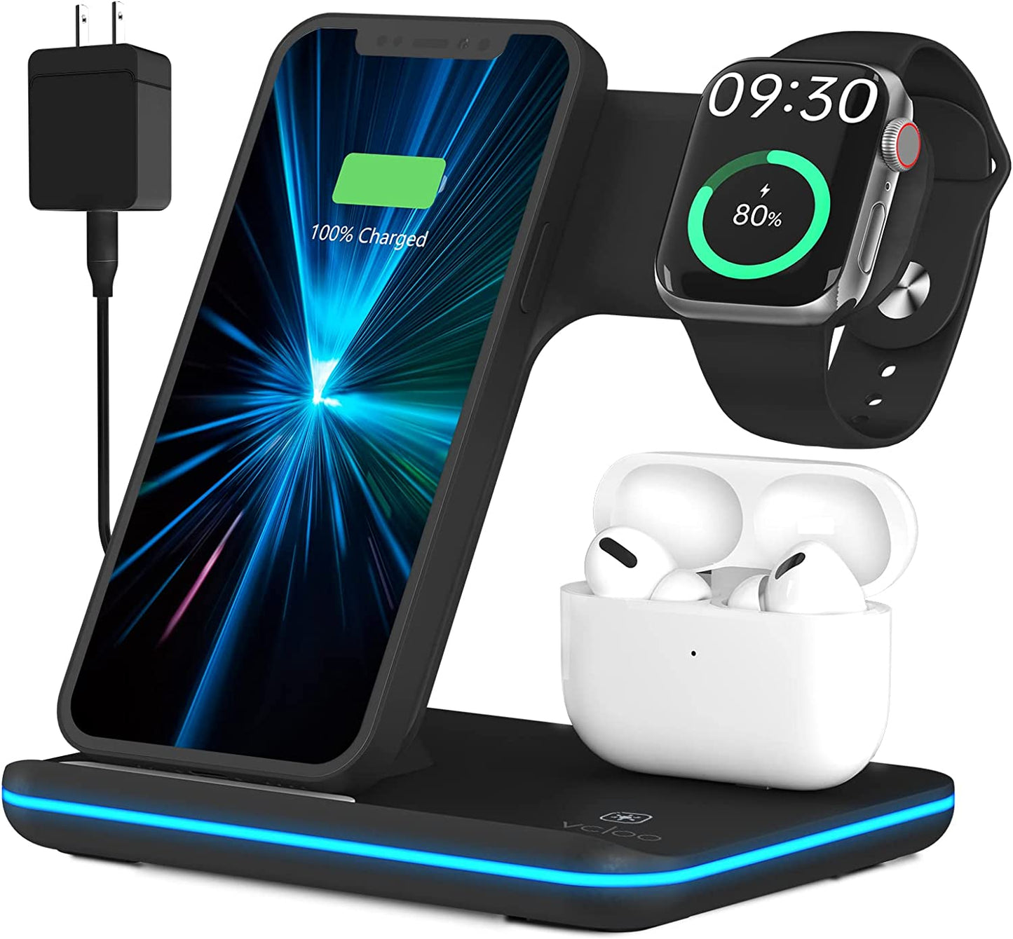 Wireless Charger 3-in-1 Charging Station 15W for AirPods 1/2/Pro/3, iPhone 14/14Pro/13,12,11,X,8 Series Devices (Black)