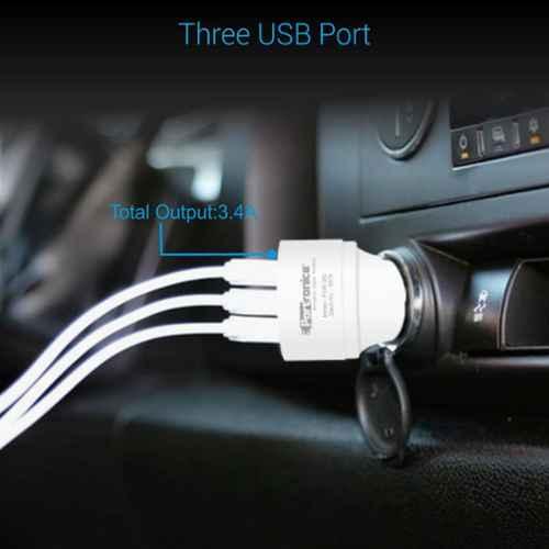 Portronics CarPower 3T 3.4A Car Charger with Three USB Port, 1M USB Cable, White