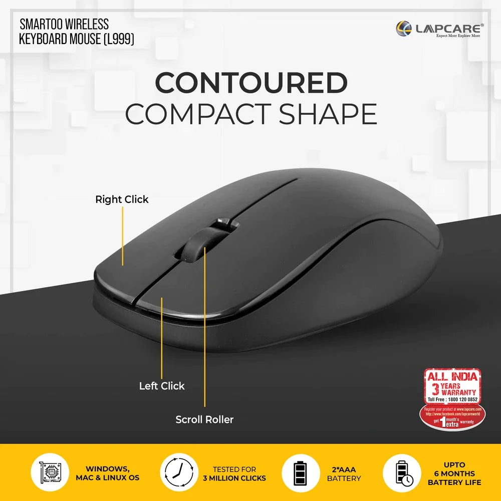 Lapcare Smartoo 2.4ghz Wireless Keyboard and Mouse Combo |Anto Sleep Funtion | Plug and Play Nano Receiver with USB Dongle |1200 DPI Optical Mouse|Black