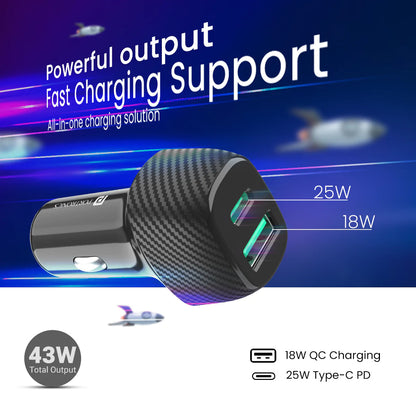 Portronics 43W Car Power 13 Fast Car Charger with Dual Output, 43 Watts Max (25W Type-C PD + 18W USB), Fast Charging, Adapter Compatible with Most Cars & Cellular Phones (Black)