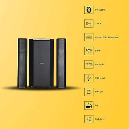 Philips Convertible Soundbar MMS8085B (80W, 2.1 Channel, Black)