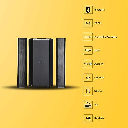 Philips Convertible Soundbar MMS8085B (80W, 2.1 Channel, Black)