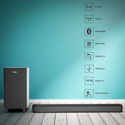 Philips HTL8162 2.1CH Bluetooth Soundbar, 160W, Black