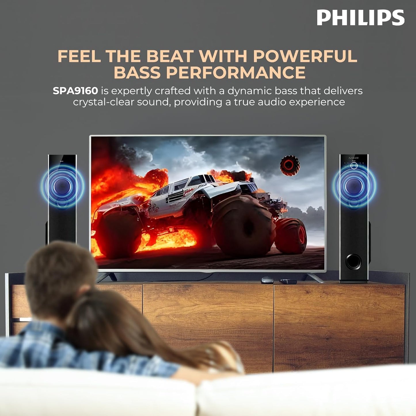 PHILIPS Audio SPA9160 2.0CH 160W Multimedia Tower Speakers with Wireless Microphone Multi-Connectivity (USB, AUX, FM) and Thumping Bass for Karaoke (Black)