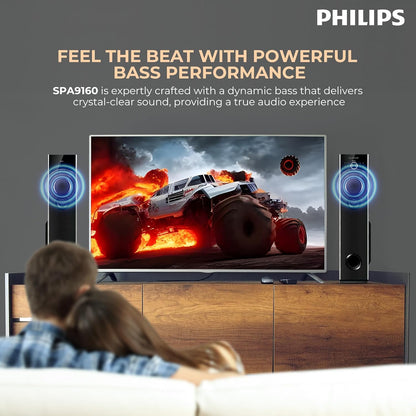 PHILIPS Audio SPA9160 2.0CH 160W Multimedia Tower Speakers with Wireless Microphone Multi-Connectivity (USB, AUX, FM) and Thumping Bass for Karaoke (Black)