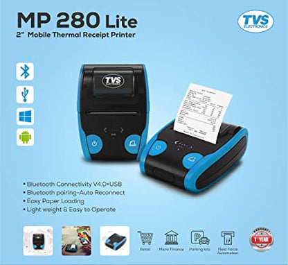 TVS ELECTRONICS MP 280 Lite Mobile Receipt Printer Bluetooth Connectivity V4.0+USB