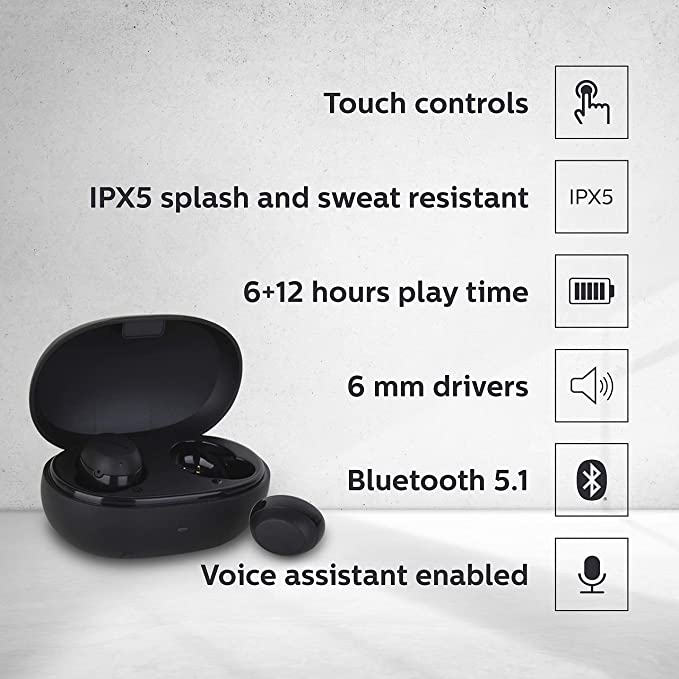 Philips TAT1235BK True Wireless in Ear Earbuds with Mic