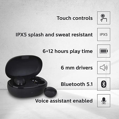 Philips TAT1235BK True Wireless in Ear Earbuds with Mic