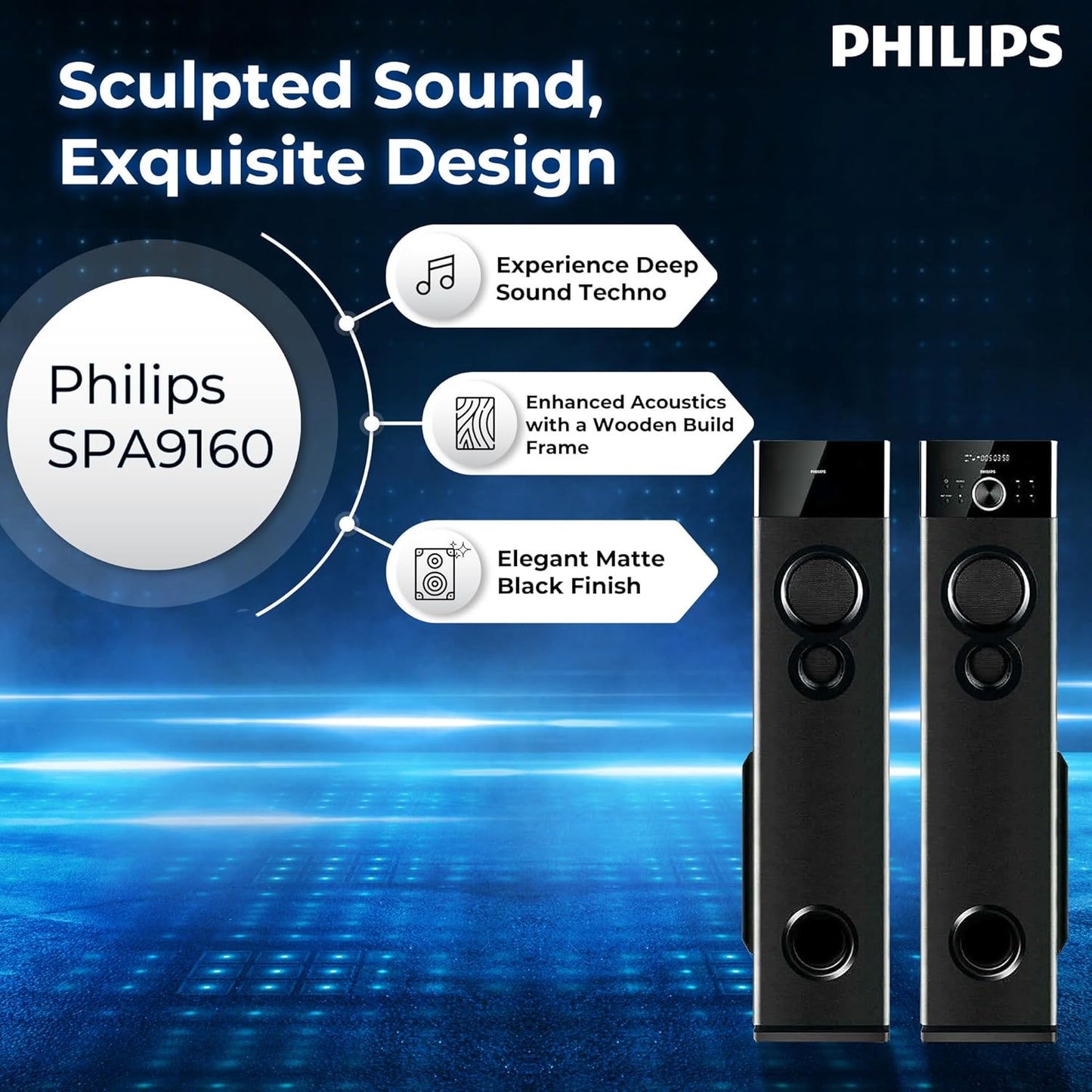 PHILIPS Audio SPA9160 2.0CH 160W Multimedia Tower Speakers with Wireless Microphone Multi-Connectivity (USB, AUX, FM) and Thumping Bass for Karaoke (Black)