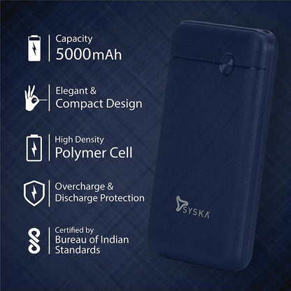 Syska P055OX 5000 mAh Lithium Polymer Power Bank with Dual Output & Dual Input (Blue)