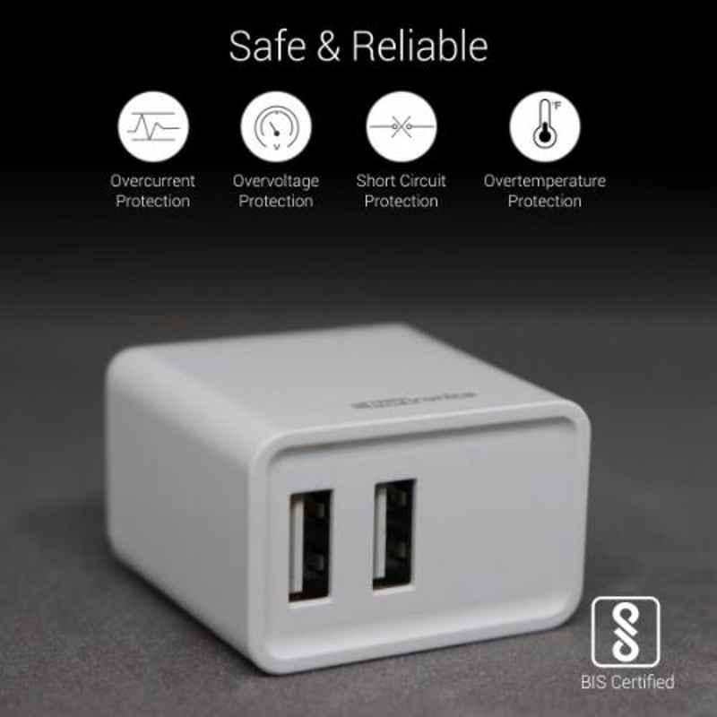 Portronics Adapto 646 POR-646, 3.1A Fast Charging Dual USB Port Wall Adapter with 1M Micro-USB Charging Cable (White)