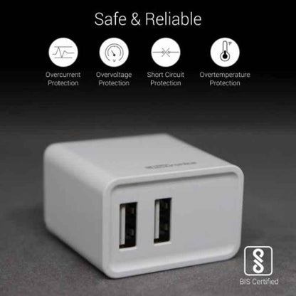Portronics Adapto 646 POR-646, 3.1A Fast Charging Dual USB Port Wall Adapter with 1M Micro-USB Charging Cable (White)