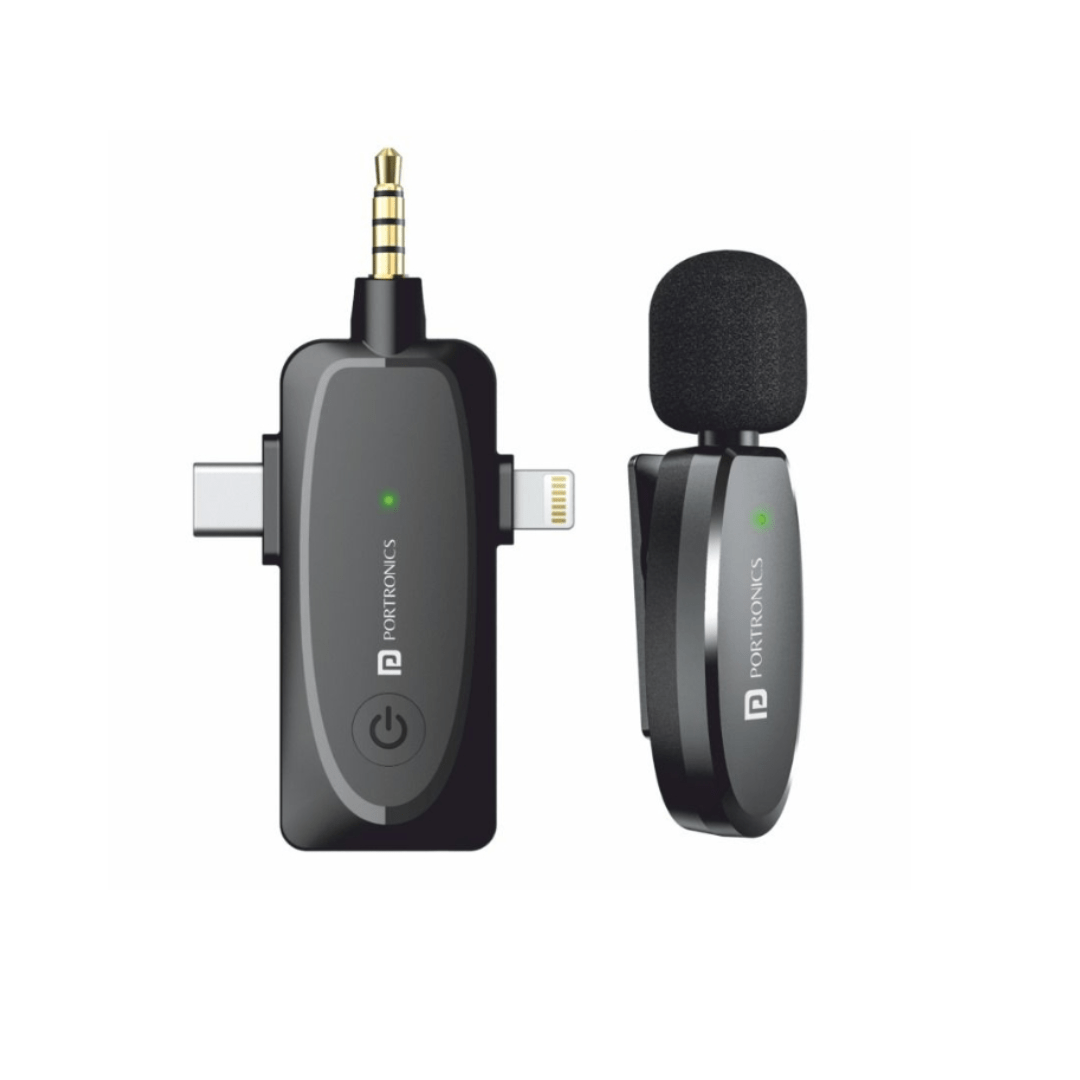 Portronics DASH 5 - Wireless Microphone with 3 in 1 (Aux + Type-C + 8-Pin) Receiver. Ideal for Live Shows, Vloggers & Interviews (Black)