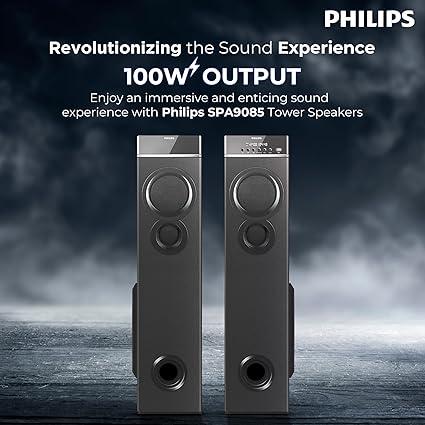 Philips Audio SPA9085 2.0CH 100W Tower Speakers with Wireless Microphone, USB, AUX, FM, & Karaoke