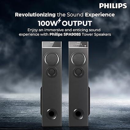 Philips Audio SPA9085 2.0CH 100W Tower Speakers with Wireless Microphone, USB, AUX, FM, & Karaoke