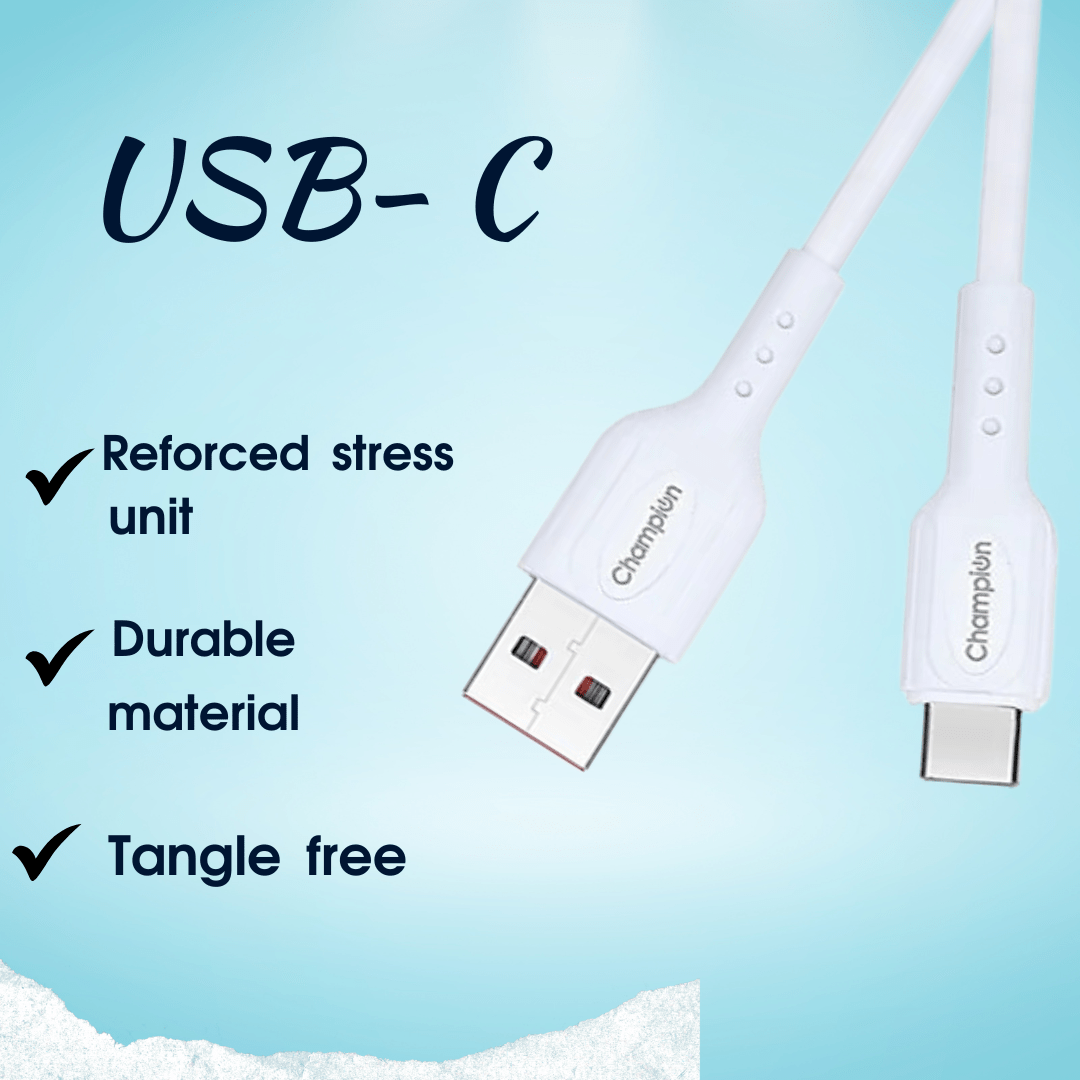 Champion USB to Type-C 3Amp Data Sync & Charging Cable PVC for all Android & USB Type-C Devices (Pack Of 20 Pcs)