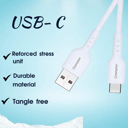 Champion USB to Type-C 3Amp Data Sync & Charging Cable PVC for all Android & USB Type-C Devices (Pack Of 20 Pcs)