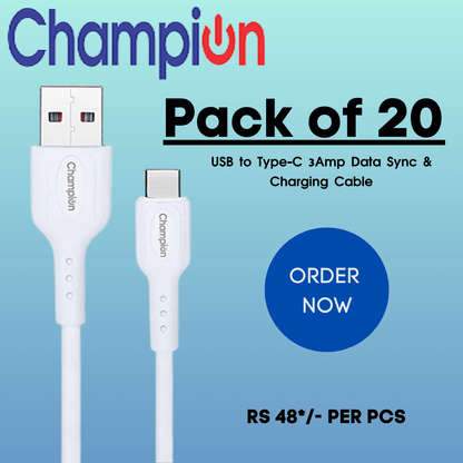 Champion USB to Type-C 3Amp Data Sync & Charging Cable PVC for all Android & USB Type-C Devices (Pack Of 20 Pcs)