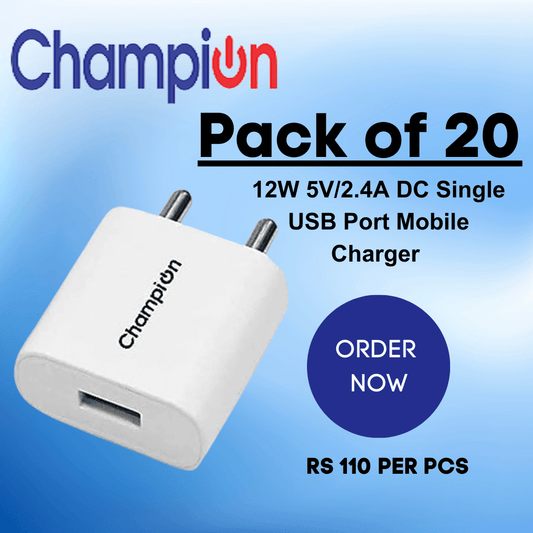 Champion 12W 5V/2.4A DC Single USB Port Mobile Charger | Wall Adapter for Android & USB Devices (Pack Of 20 Pcs)