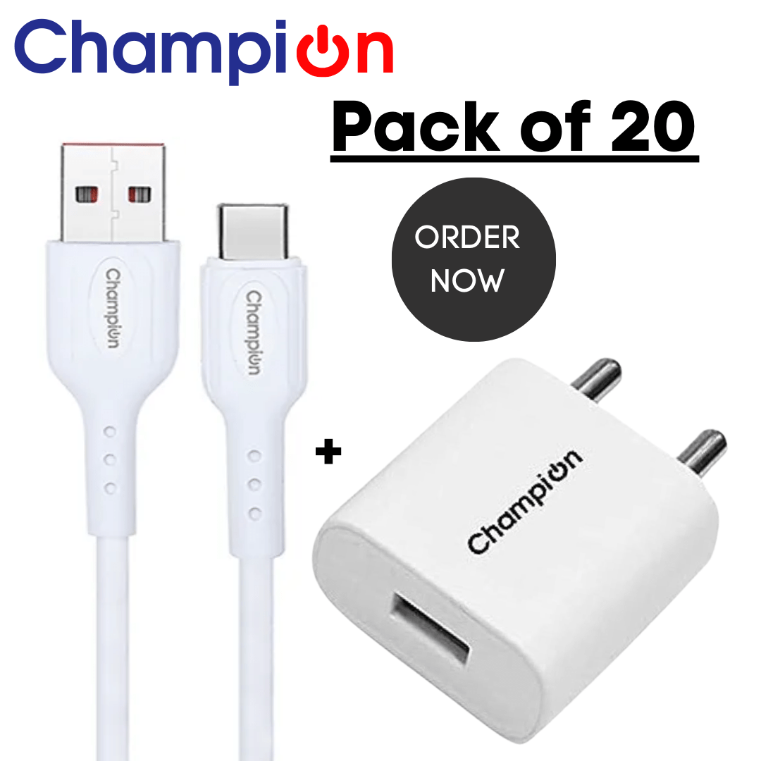 Champion 12W 5V/2.4A Single USB Port Mobile Charger with Type-C Cable Combo | Fast Charging For Android Devices (Pack Of 20 Pcs)