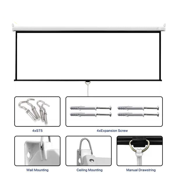 Projection Screen with Self-Lock , Anti-Creased, Imported High Gain Fabric, Diagonal, Supports Full HD 1080P, UHD-4K