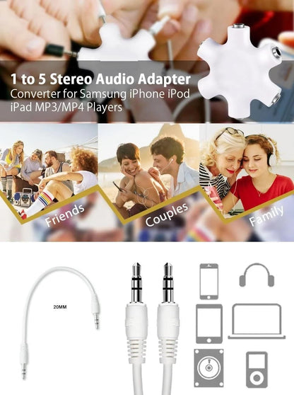 Audio Splitter 1X5 Hexagon Earphone Adaptor with 3.5mm cable Compatible with iOS & Android