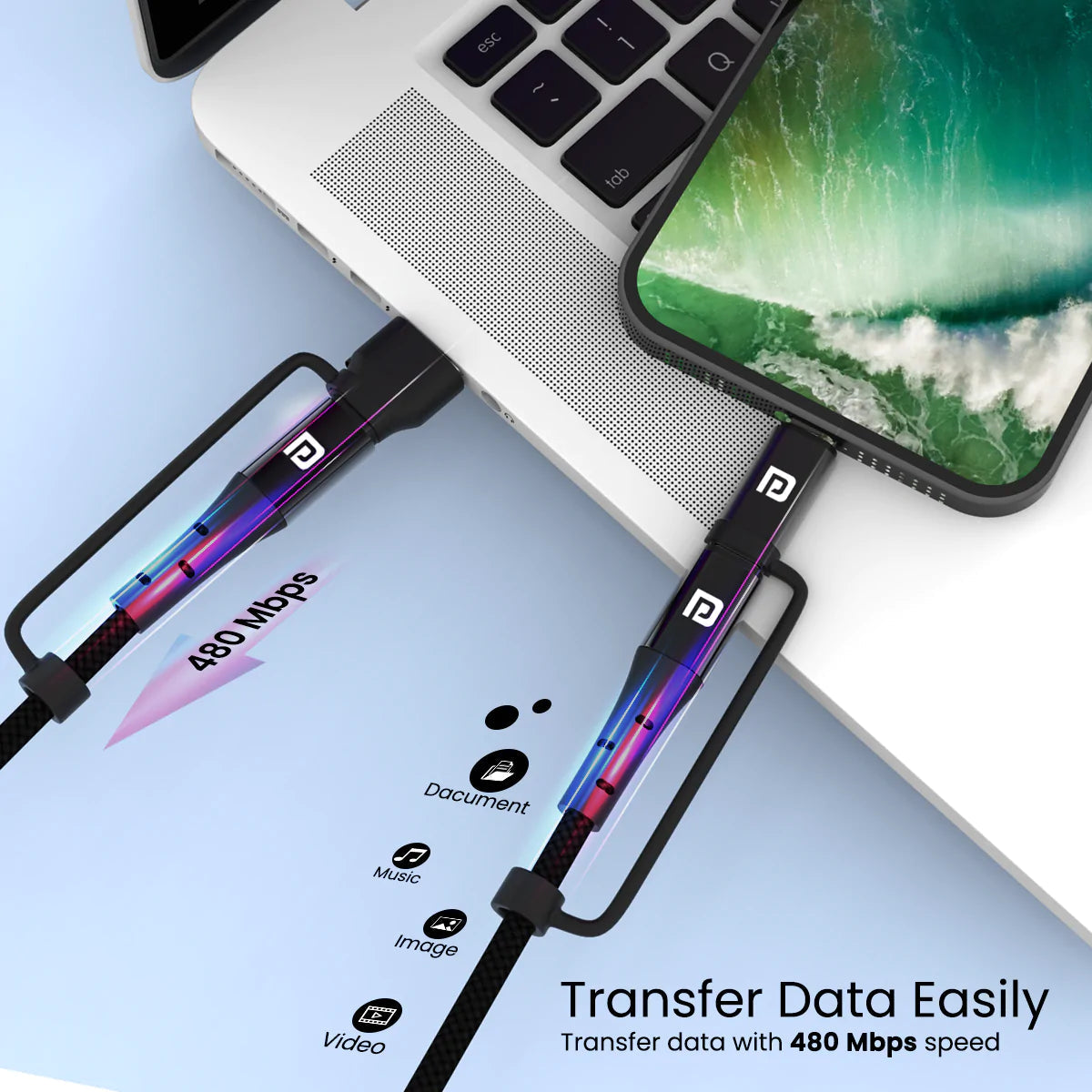 Portronics Konnect J8 3-in-1 (USB A + Type C to 8 Pin + Type C) Fast Charging with 60W Max Output, Nylon Braided, For Android Smartphone 1.2M (Black)