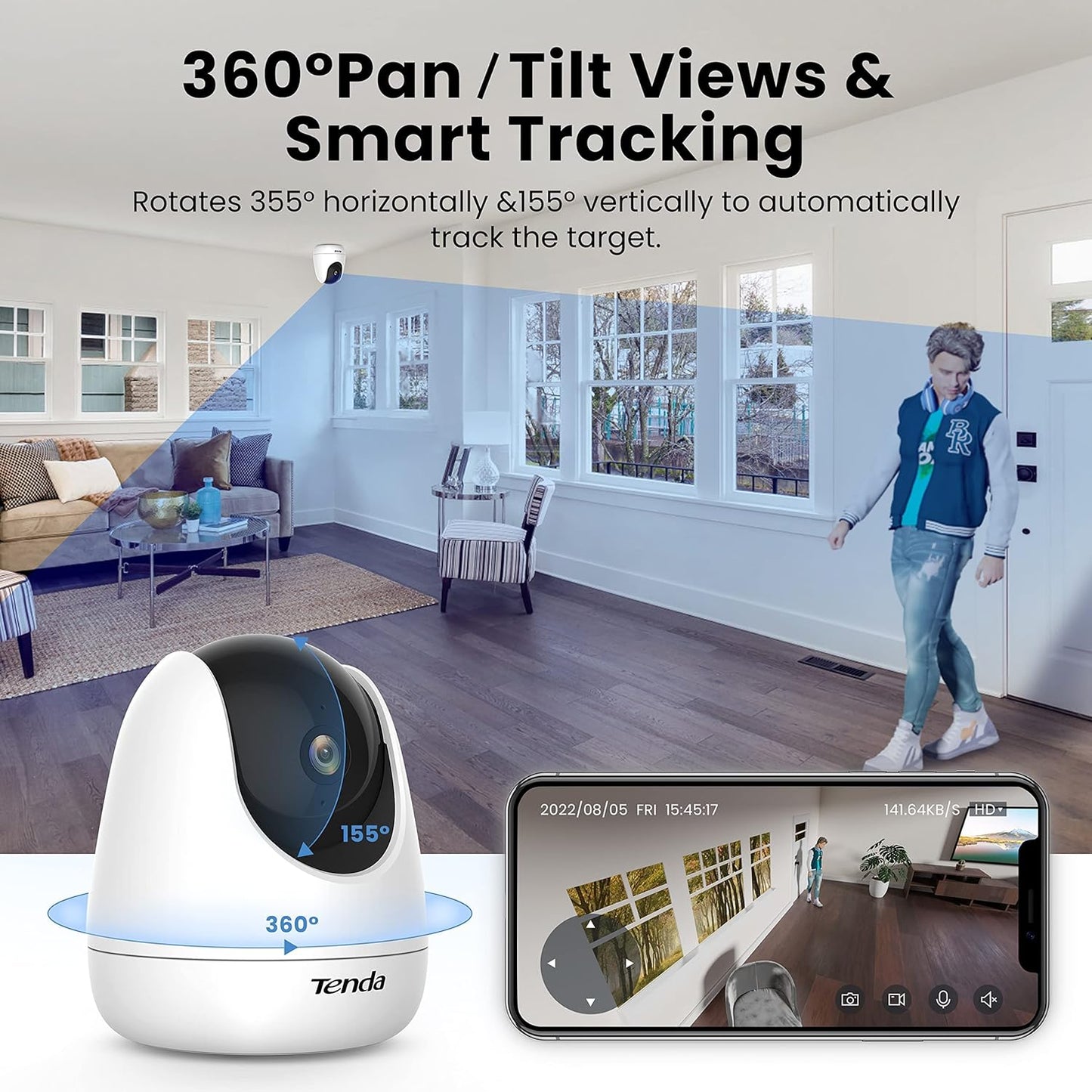 Tenda CP3 Security Tilt Smart Camera,360Â° Vision,1080P HD, Motion Detection, Two-Way Audio, Wireless (White)