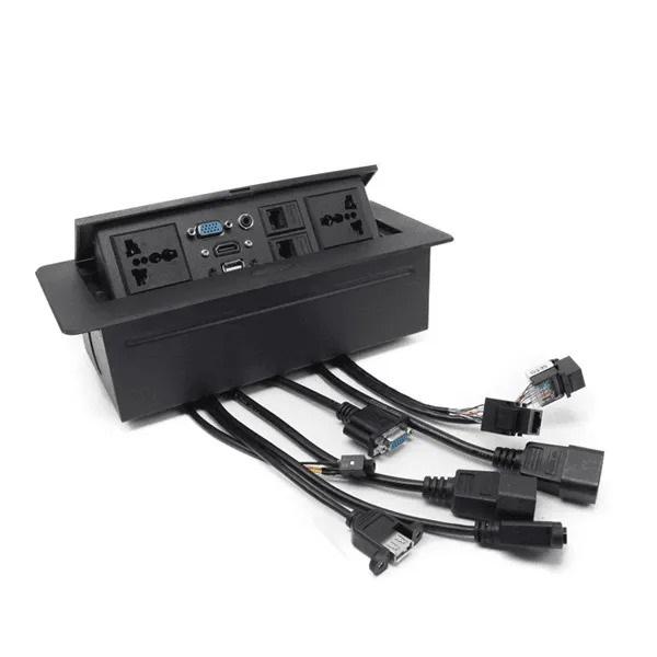Multifunction Conference Table Connectivity and Data Box Pop Up Box/Cable Cubby with HDMI, VGA, Audio, LAN and Power Ports (Black)