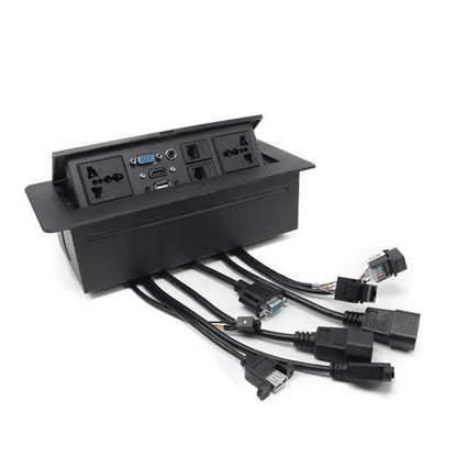 Multifunction Conference Table Connectivity and Data Box Pop Up Box/Cable Cubby with HDMI, VGA, Audio, LAN and Power Ports (Black)