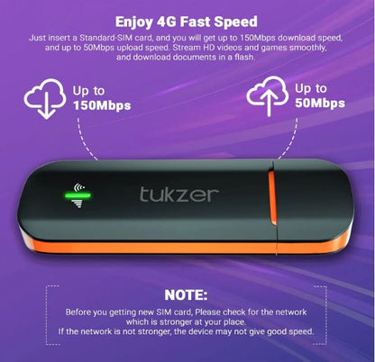 Tukzer 300x 4G LTE Wireless USB Dongle Stick with All SIM Network Support | Plug & Play Data Card with up to 150Mbps Data Speed (Black)