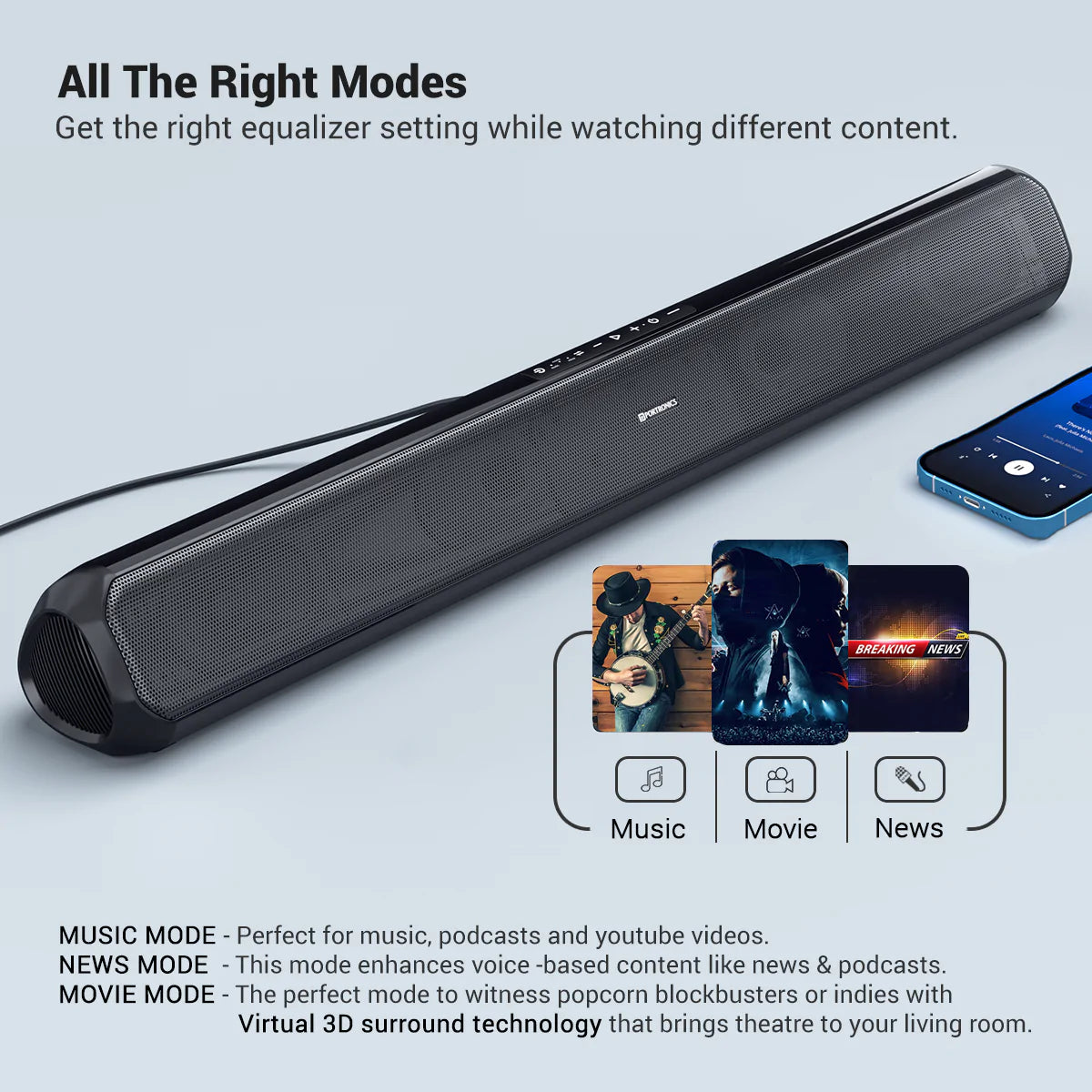 Portronics Sound Slick 7 50W Wireless Soundbar with Aux in 3.5 mm in-Built Power Cable