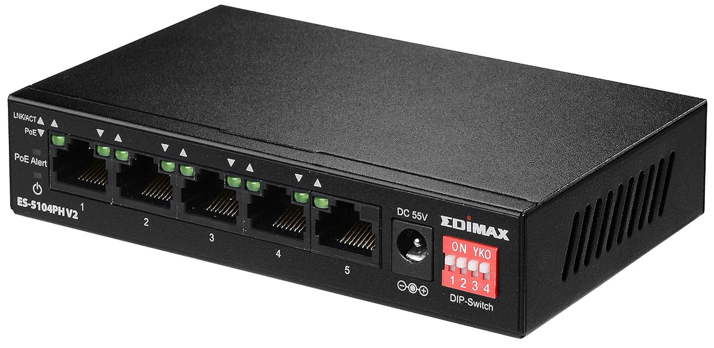 Edimax ES-5104PH V2, Unmanaged Long Range 5-Port Fast Ethernet Switch with 4 PoE+ Ports and DIP Switch