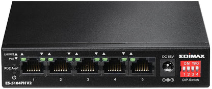 Edimax ES-5104PH V2, Unmanaged Long Range 5-Port Fast Ethernet Switch with 4 PoE+ Ports and DIP Switch