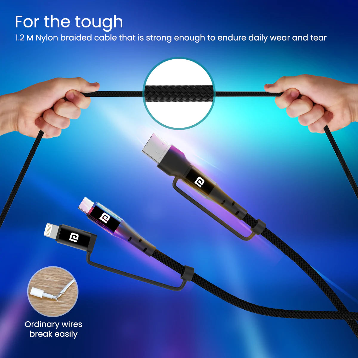 Portronics Konnect J8 3-in-1 (USB A + Type C to 8 Pin + Type C) Fast Charging with 60W Max Output, Nylon Braided, For Android Smartphone 1.2M (Black)