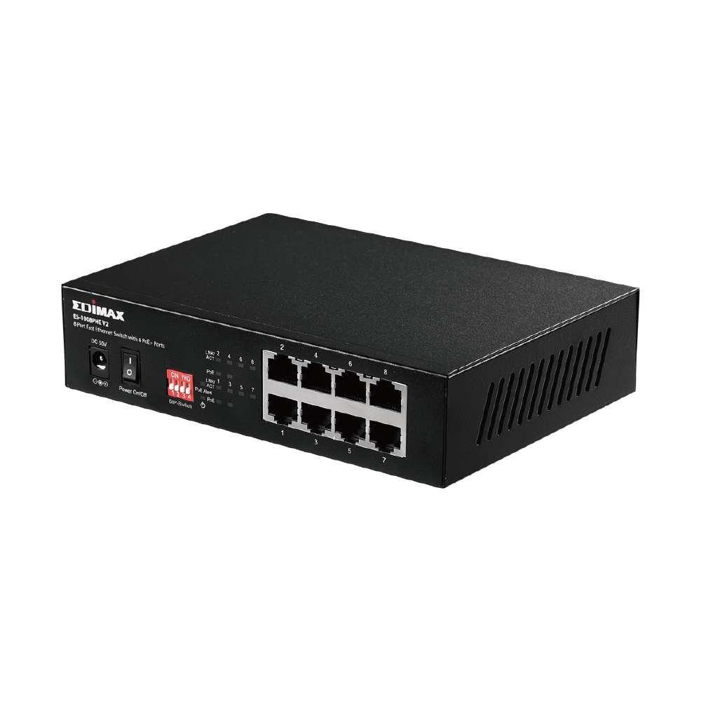 Edimax ES-1008PHE V2 Long Range 8-Port Fast Ethernet Switch with 4 PoE+ Ports and DIP Switch (Black)
