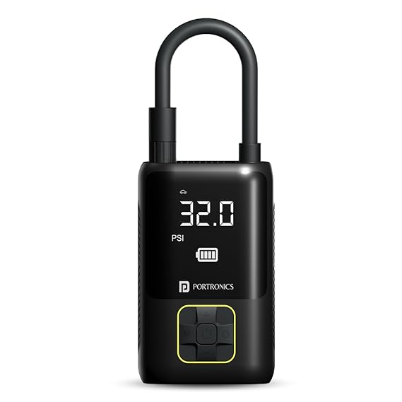 Portronics Vayu Portable Tyre Inflator/Air Compressor with Digital Display,4000 mAh Battery(Black)