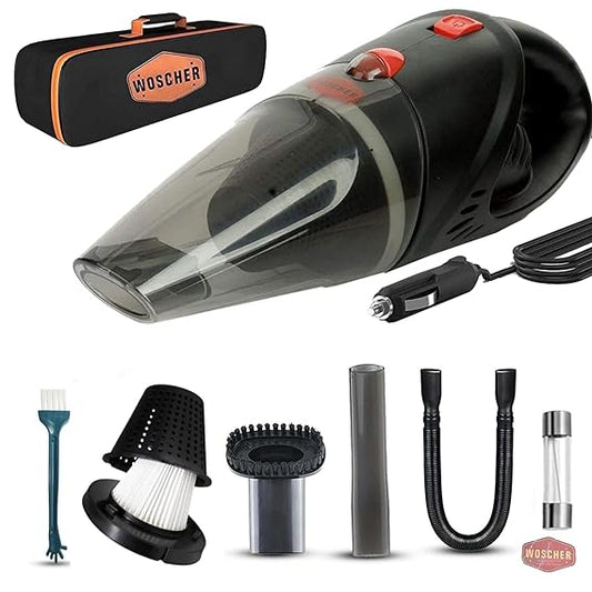 WOSCHER 2003 High Power Auto Car Vacuum Cleaner for Deep Cleaning with DC 12V, 140W Vacuum Motor & 5000 PA Powerful Suction (Black)