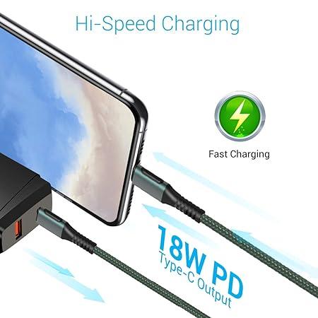 Portronics Konnect C Square 18W Type c to c ,3A Quick Charge Support, Nylon Braided,1.2M (Green)