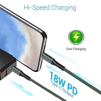 Portronics Konnect C Square 18W Type c to c ,3A Quick Charge Support, Nylon Braided,1.2M (Green)