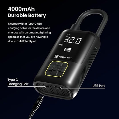 Portronics Vayu Portable Tyre Inflator/Air Compressor with Digital Display,4000 mAh Battery(Black)