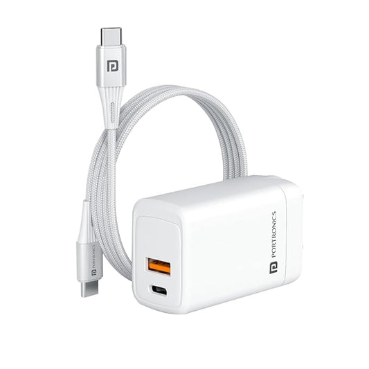 Portronics Adapto 65X 65W GaN PD Fast Charger | Dual Ports, 100W Type-C to Type-C Cable, Compatible with Laptop, MacBook, iPhone 8+, Tablet (White)