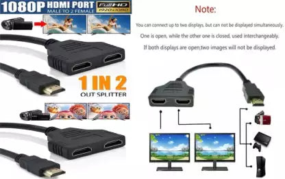 HDMI Male to 2X HDMI Female Y Splitter Switch, Adapter, TV Laptop Cable (Compatible with TV, Projector, LAPTOP, Black)