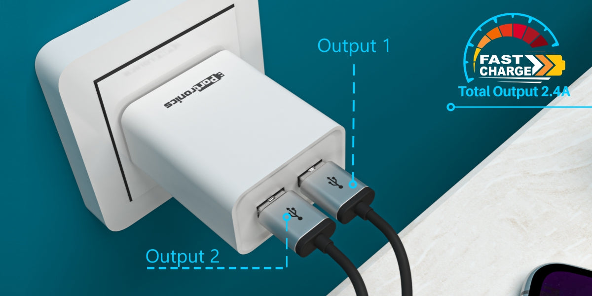Portronics Adapto 66 POR-1066 2.4A Dual USB Ports Charging Adapter with 1M Micro USB Cable (White)