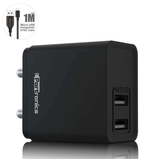 Portronics Adapto 649 POR-649, 2.4A Quick Charging Dual USB Port Wall Adapter with 1M Micro-USB Charging Cable (Black)