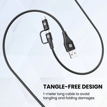 Portronics Konnect J7 20W Fast Charging with Dual Output (Type C + Micro USB), Changeable Metallic Heads, 480 Mbps Data Transfer, 1M (Black)