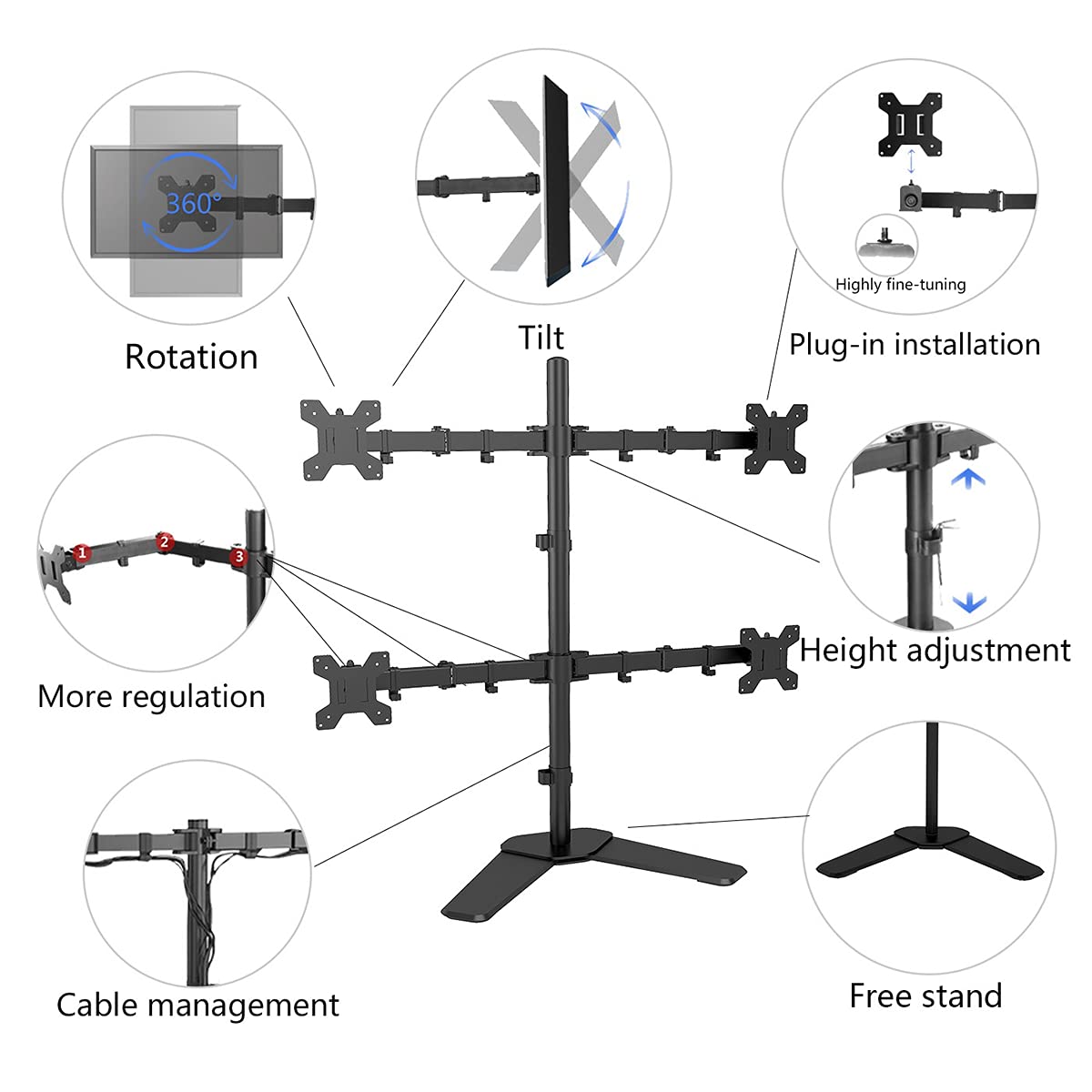 LED Monitor Stand 1x4 Height Adjustable Free-Standing Mount with Tilt, Swivel & Rotate Arms for 14''30'' (35.56 - 76.2)cm Screens