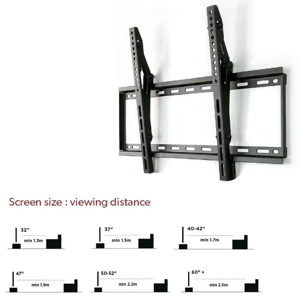 Black TV wall mount with viewing distance chart on a white background