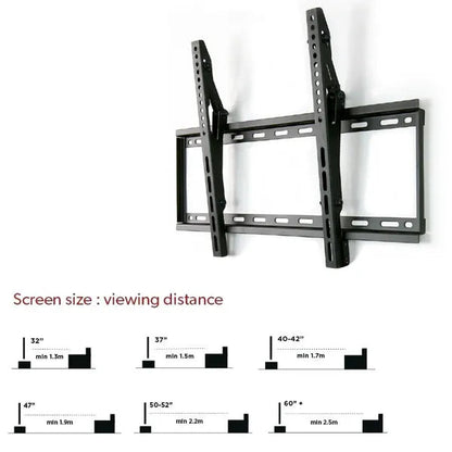 Black TV wall mount with viewing distance chart on a white background